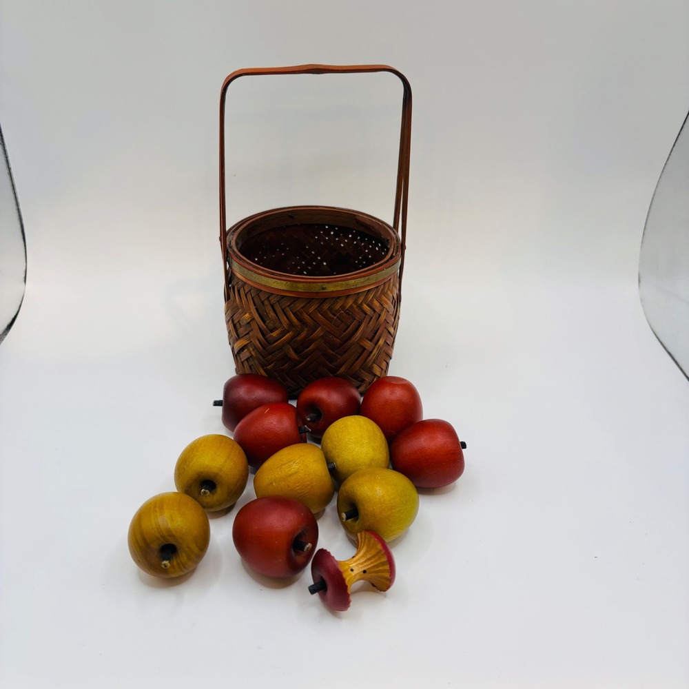 Vintage Miniature Woven Bamboo Basket with 13 Hand Painted Wooden Apples Decor